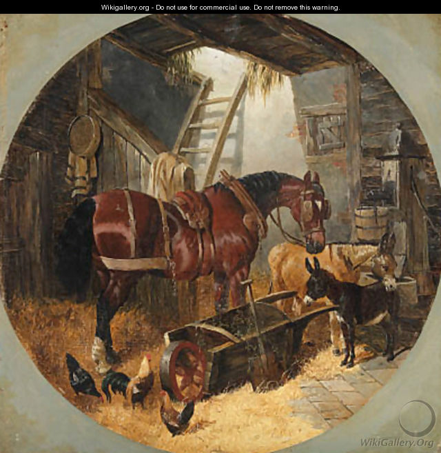 A horse with donkeys and chickens in a barn - John Frederick Herring, Jnr.