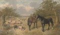 A bay and a black horse, pigs and chickens beside a trough - John Frederick Herring, Jnr.