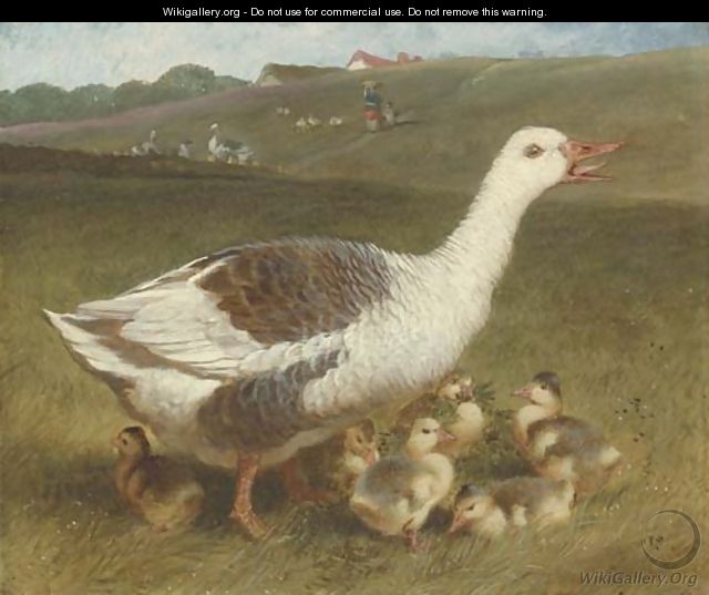 A goose and goslings in a landscape, figures beyond - John Frederick Herring Snr