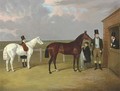 Vespa, a brown filly, held by her owner, Sir Mark Wood, Bt., her trainer seen leaning on a stable door, and a groom with a grey pony in attendance - John Frederick Herring Snr