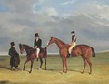 The Colonel with William Scott up and John Scott on a dark bay hack, with groom, Doncaster racecourse beyond - John Frederick Herring Snr