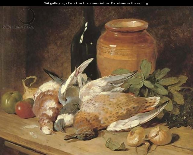 Still life of dead birds, fruit, vegetables, a bottle and a jar - John Frederick Herring Snr
