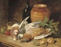 Still life of dead birds, fruit, vegetables, a bottle and a jar - John Frederick Herring Snr