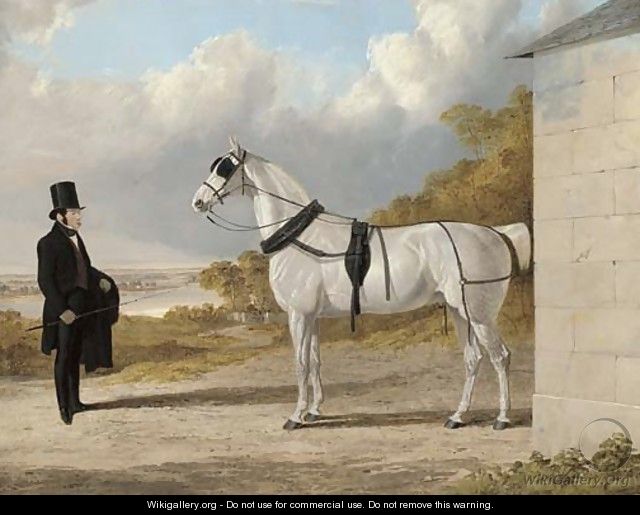 Portrait of James Hartley with a grey carriage horse, in an extensive river landscape - John Frederick Herring Snr