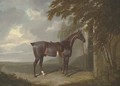 Mr. H.M. Greaves's liver chestnut hunter, tethered to a gate at Page Hall, Yorkshire - John Frederick Herring Snr
