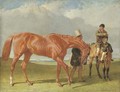 Bribery held by Alec Taylor Sen. (her trainer), the jockey Nat Flatman on a hack, Winchester racecourse beyond - John Frederick Herring Snr