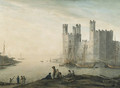 Caernarvon Castle, with boats and figures in the foreground - John Glover