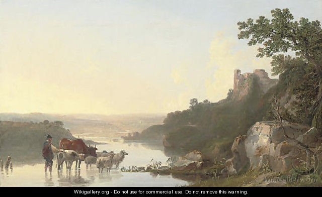 A wooded river landscape with a shepherd and his cattle in the foreground, a castle beyond - John F Tennant