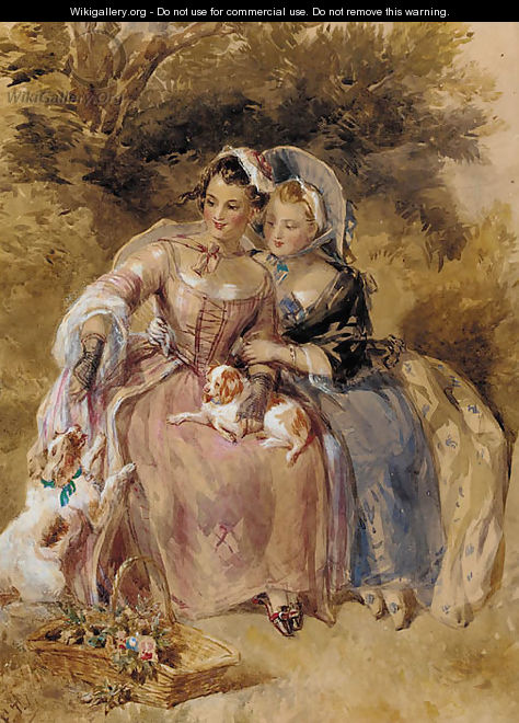 Two young ladies seated in a wooded landscape with two King Charles spaniels - John Frederick Tayler
