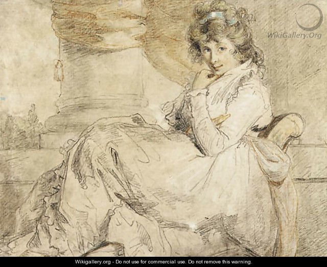 Study of an elegant young lady, traditionally identified as Emma Hamilton, seated on a chaise longue - John Hoppner