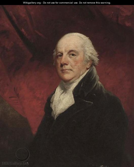 Portrait of J. Cotes M.P., half-length, in a white cravat and black coatet, before a red drape - John Hoppner