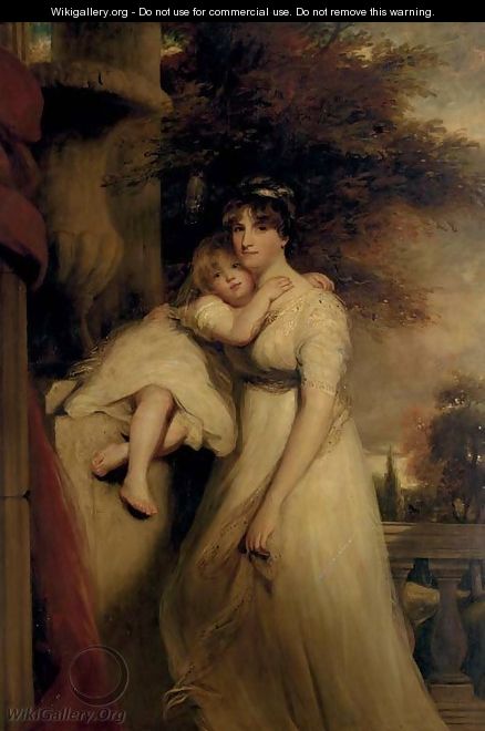 Portrait of Lady Mildmay, standing three-quarter-length, in a white dress, with her child, a landscape beyond - John Hoppner