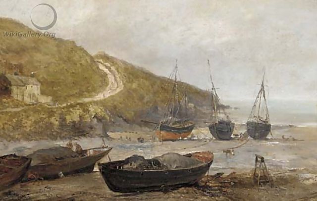 Ships on the shore at low tide, Sark - John Holland