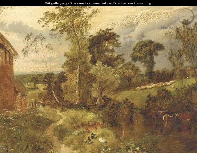 Cattle watering in a river landscape - John Henry Dell