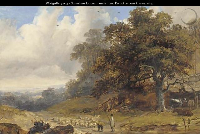 A shepherd with his flock in an extensive landscape - John Dearman