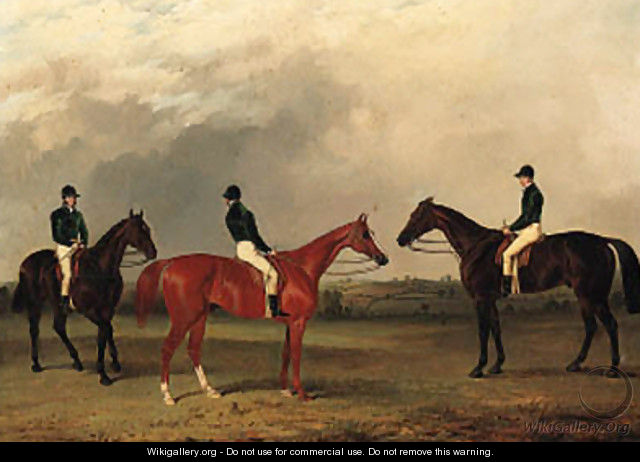 A chestnut and two bay racehorses with jockeys up in an extensive landscape - John Dalby Of York