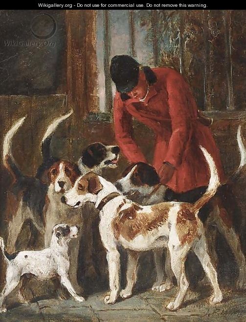 A huntsman with hounds and a terrier by a kennel door - John Emms