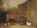 A bay hunter and a dog outside a stable - John Ferneley, Snr.