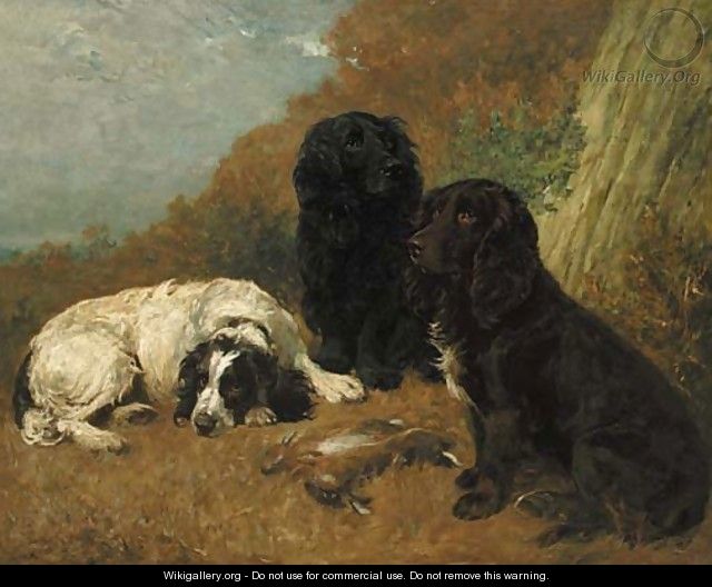 Midday Rest - spaniels with rabbits in a landscape - John Emms