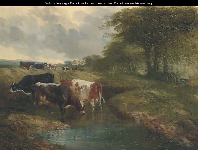 Cattle watering in an extensive landscape - John Frederick Herring, Jnr.