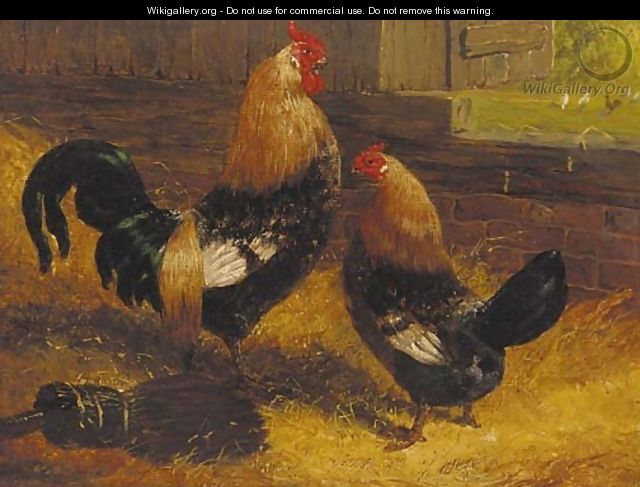 A cockerel and a hen before a barn door - John Frederick Herring, Jnr.