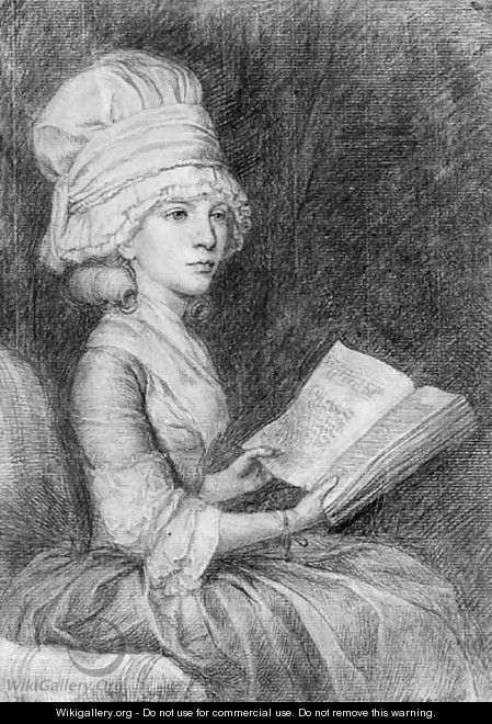 Portrait study of Mrs Matthew, seated, three-quarter-length, wearing a cap, reading a book - John Flaxman