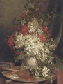 The artist's palette, with a still life of May blossom in a vase, a book and a bird's nest beyond - John Fitz Marshall