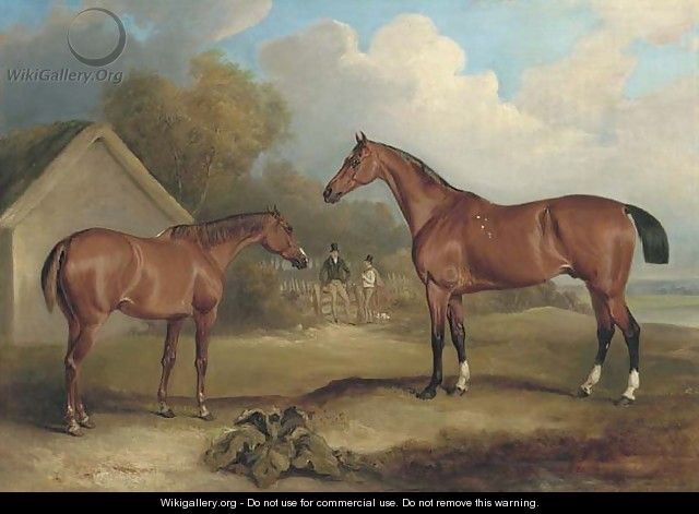 Sambo and Pilot, property of Lord Gardner, at grass, with figures beyond - John Ferneley, Snr.