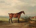 A saddled bay Hunter, in an extensive landscape, with huntsmen and hounds beyond - John Ferneley, Snr.