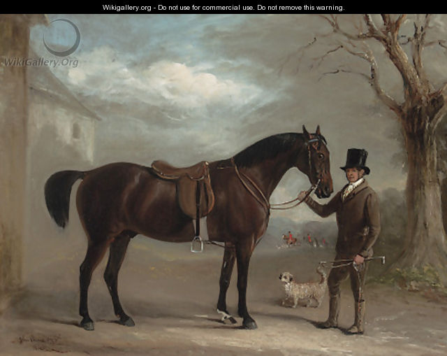A bay hunter held by a groom, with a dandie dinmont, outside a stable, huntsmen and hounds beyond - John Jnr. Ferneley