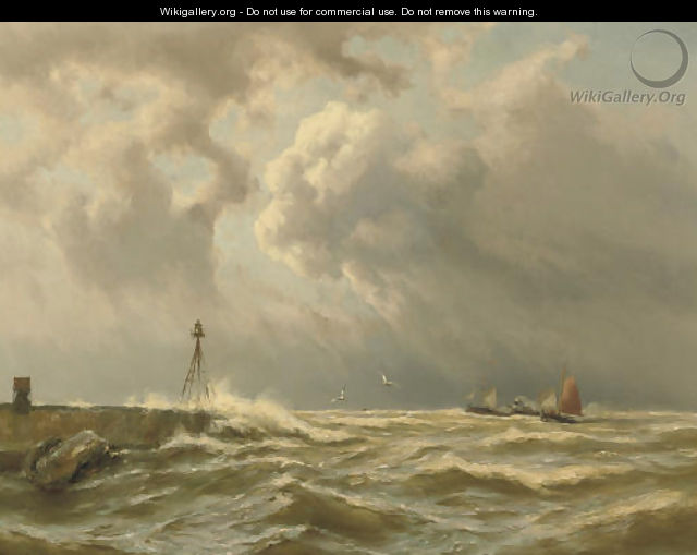 Sailing ships and a paddle steamer by a coast - Johannes Hermanus Koekkoek