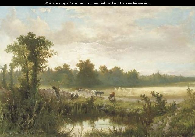 Wolfheze cowherds and cattle near a fen at dusk - Johannes Warnardus Bilders