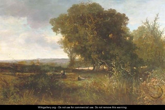 Gathering wood at the edge of a forest - Johannes Warnardus Bilders