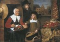 A market scene with two boys by a vegetable seller making lace, the St. Jorispoort in Dordrecht beyond - Johannes Vollevens I