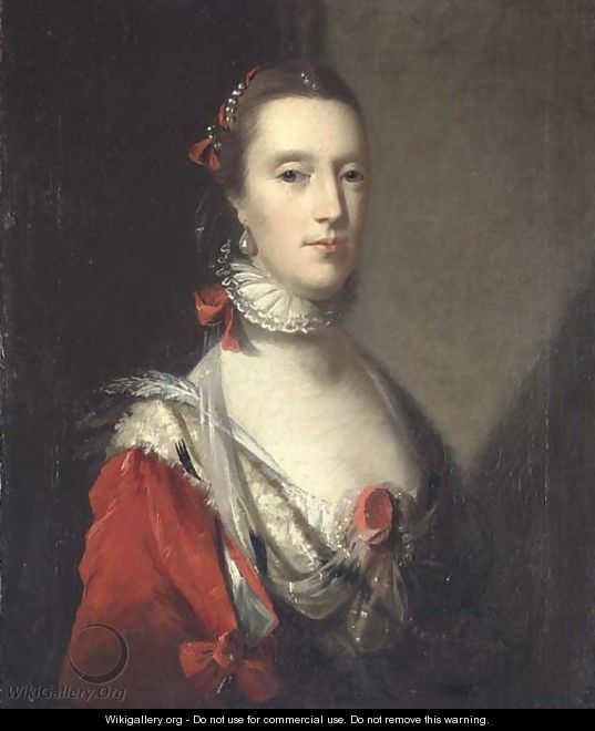 Portrait of a lady, bust-length, in an elaborate red dress with ermine trim, with a white lace ruff, and pearls in her hair - John Astley
