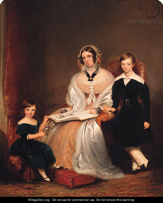 Group Portrait of a Lady with her two Children, small full-length, the former in a yellow lace dress, resting a book on her lap - John Bridges