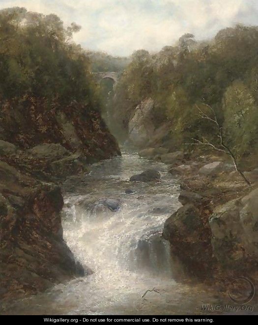 A waterfall in a narrow valley, a bridge beyond - John Brandon Smith