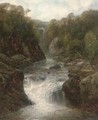 A waterfall in a narrow valley, a bridge beyond - John Brandon Smith