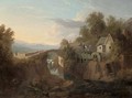 A wooded hilly river landscape with a watermill, and figures and a horse and cart beyond - John Harrington-Bird