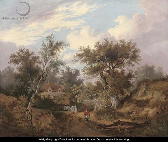Figure by a cottage in a wooded landscape - John Berney Ladbrooke