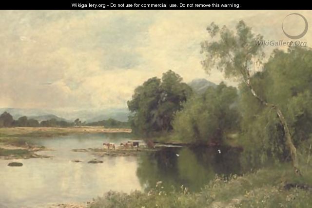 Cattle watering by a tranquil river - John Clayton Adams
