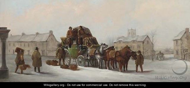 The Bristol, Bath and London Coach in snow before an inn; and The Bath, Reading and London coach in a snow-covered market place - John Charles Maggs