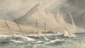 Racing schooners anchored inshore and riding out the gale off the Irish coast, possibly Co. Down - John Callow