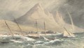 Racing schooners anchored inshore and riding out the gale off the Irish coast, possibly Co. Down - John Callow