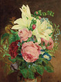 Roses, lilies, peonies, convolvulus and forget-me-nots, in a ceramic vase - John Wainwright
