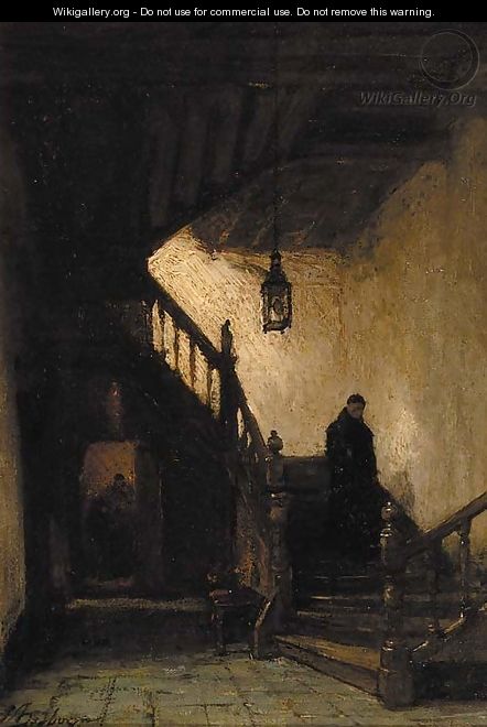 Kloostertrap te Boxmeer a monk descending a staircase - Johannes Bosboom