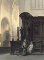Gothische kerk te Wouw a Gothic church interior with monks conversing - Johannes Bosboom