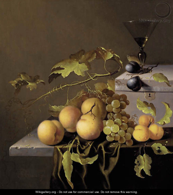 Peaches and grapes on the vine, with a goblet of wine on a casket, on a partially draped stone ledge - Johannes Borman