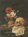 A vanitas still life with a skull, flowers in a terracotta vase - Johannes Borman