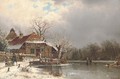 Figures at a cottage on a frozen waterway - Johannes Bartolomaus Duntze